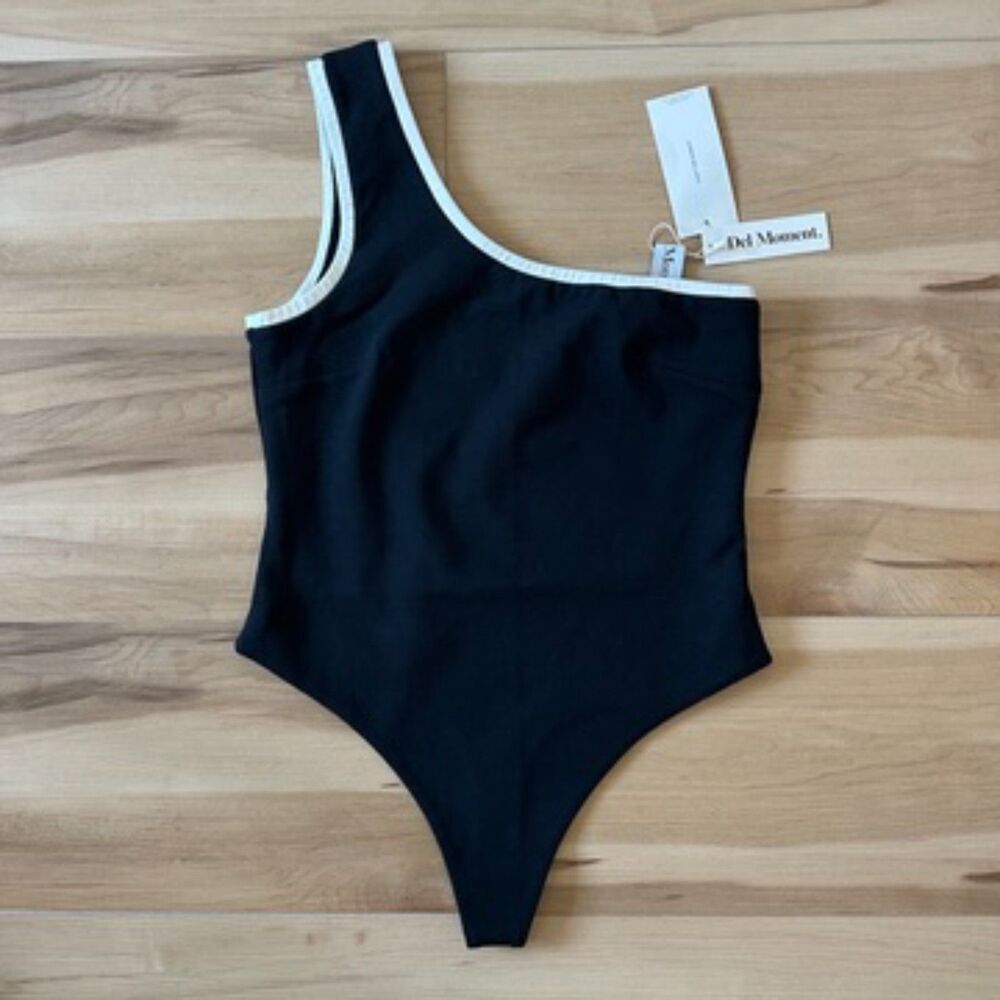 Del Moment One Shoulder Organic Cotton Eclipse Bodysuit Thong Black Sz Large NWT